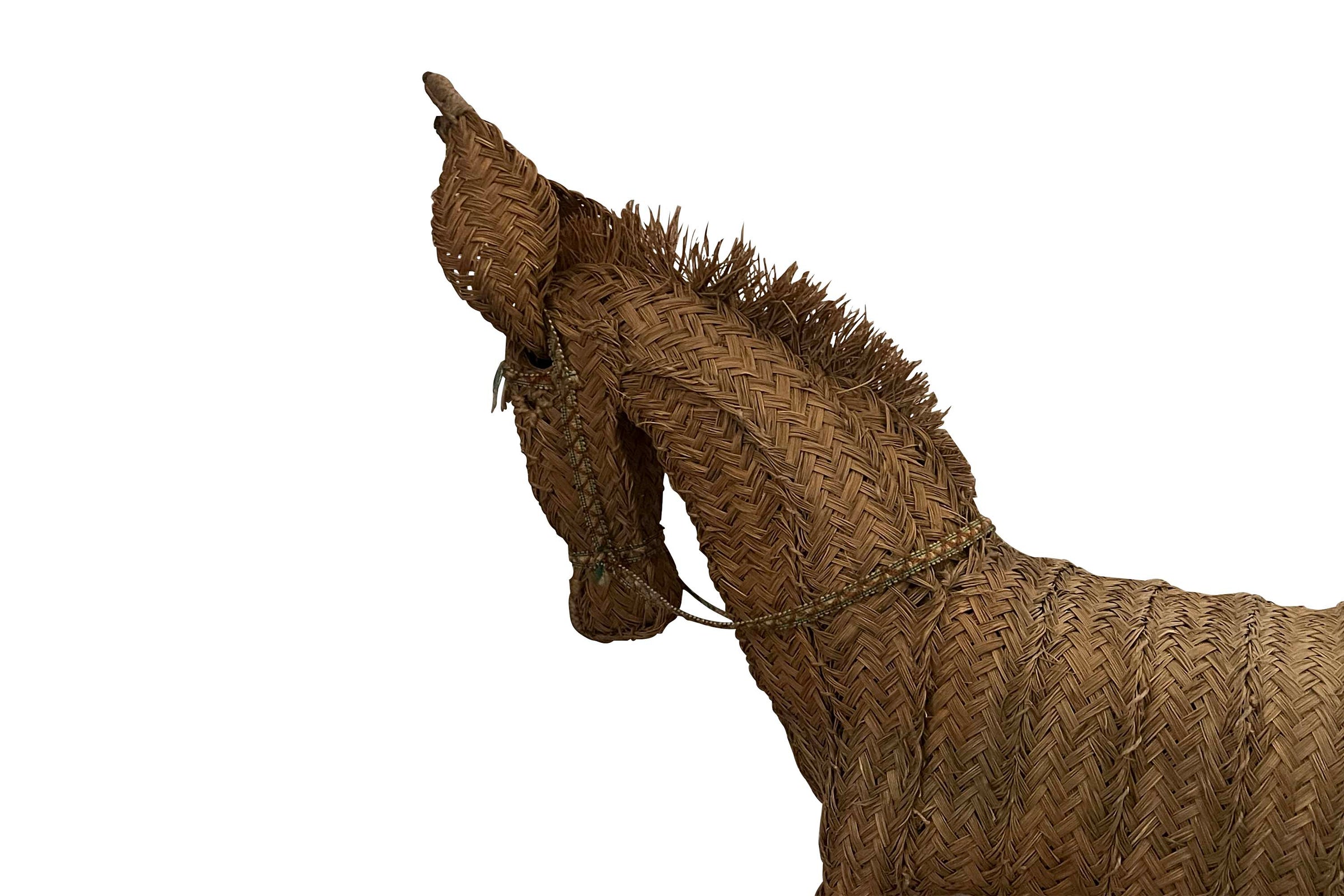 Large Mid-Century Spanish Woven Straw Donkey on Wooden Plinth