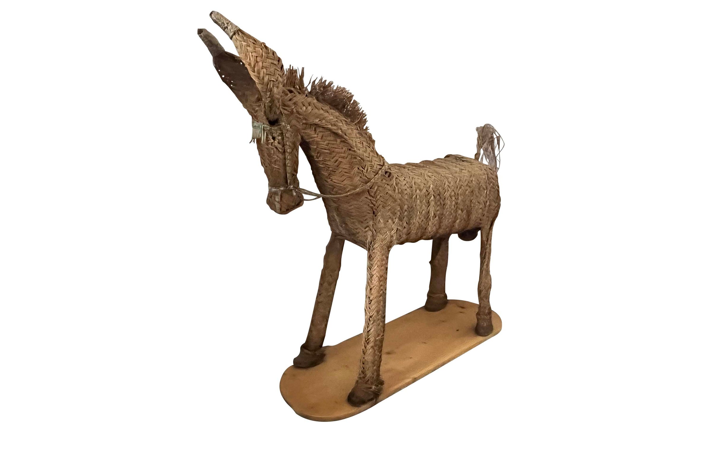 Large Mid-Century Spanish Woven Straw Donkey on Wooden Plinth