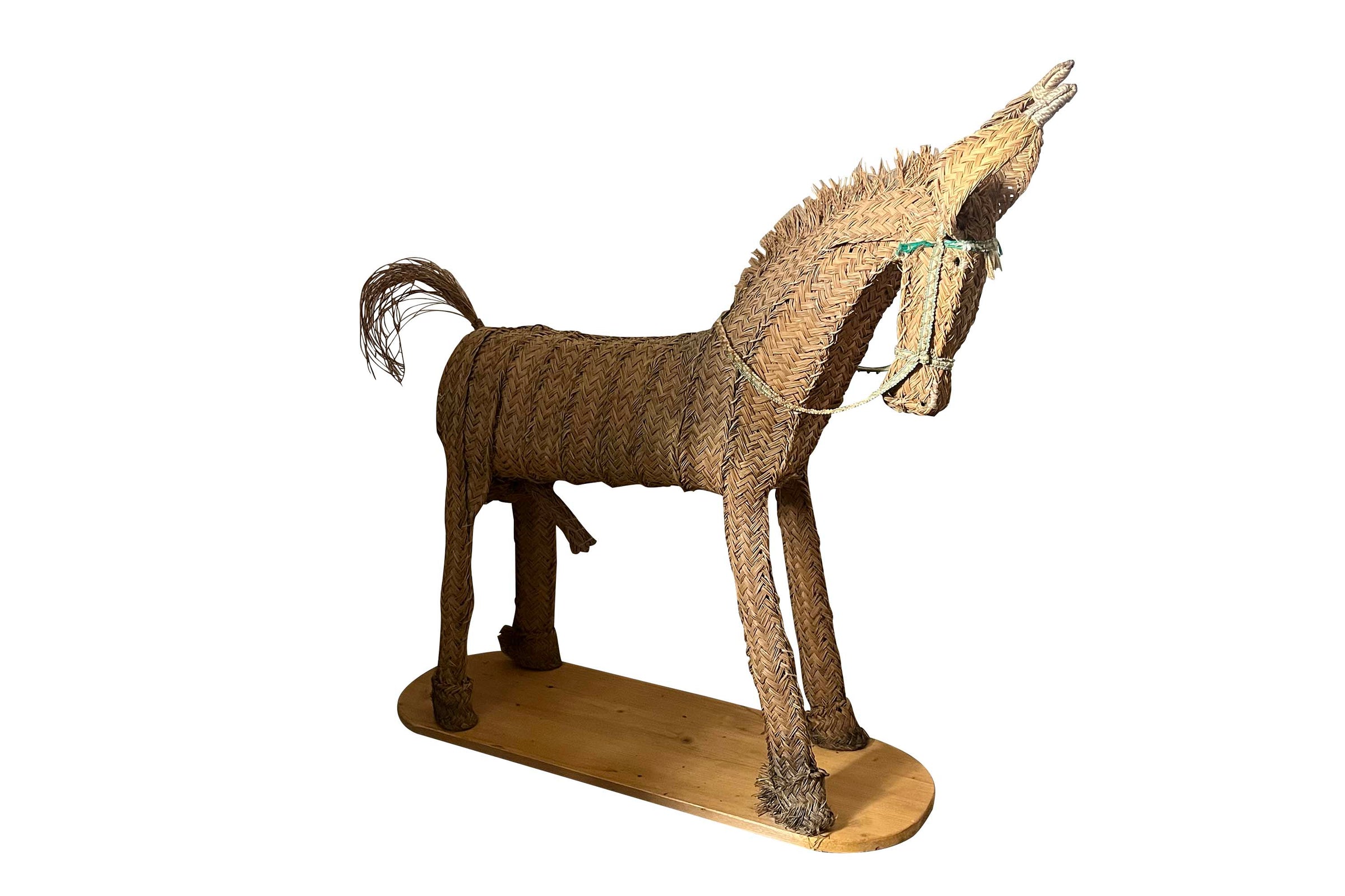 Large Mid-Century Spanish Woven Straw Donkey on Wooden Plinth