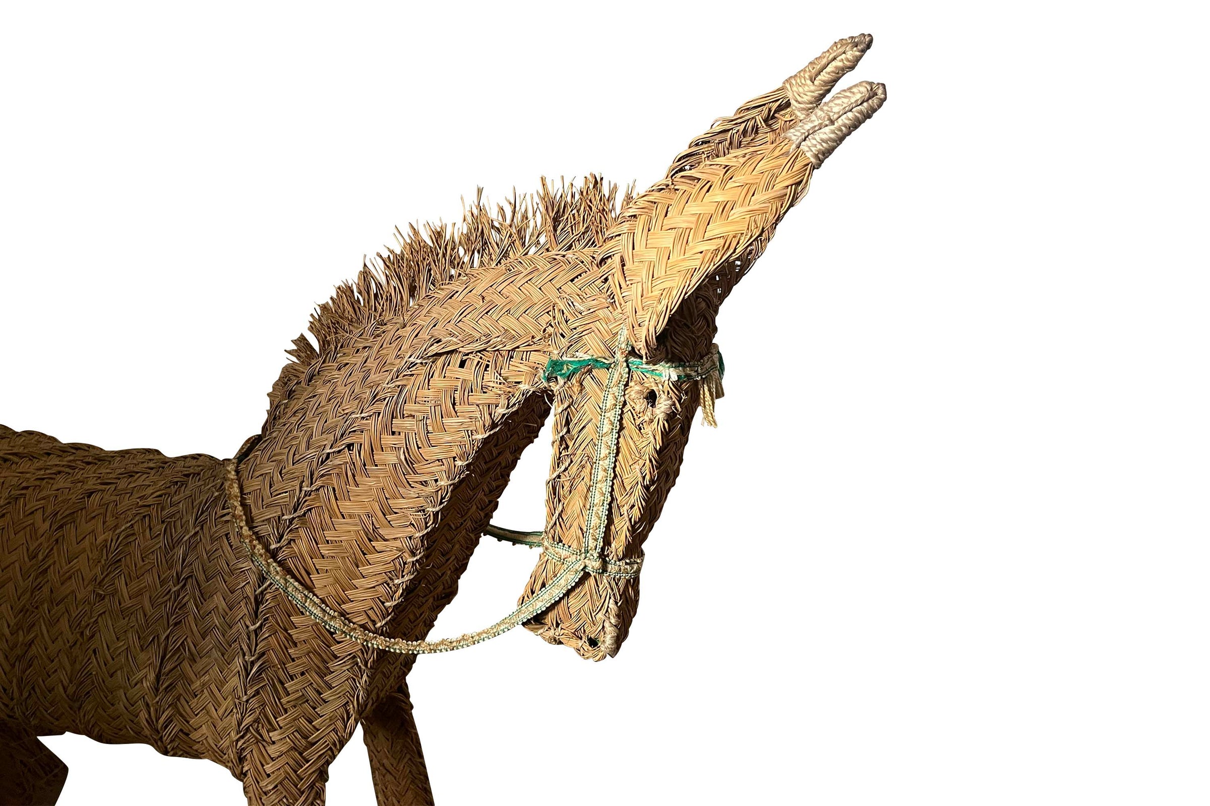 Large Mid-Century Spanish Woven Straw Donkey on Wooden Plinth