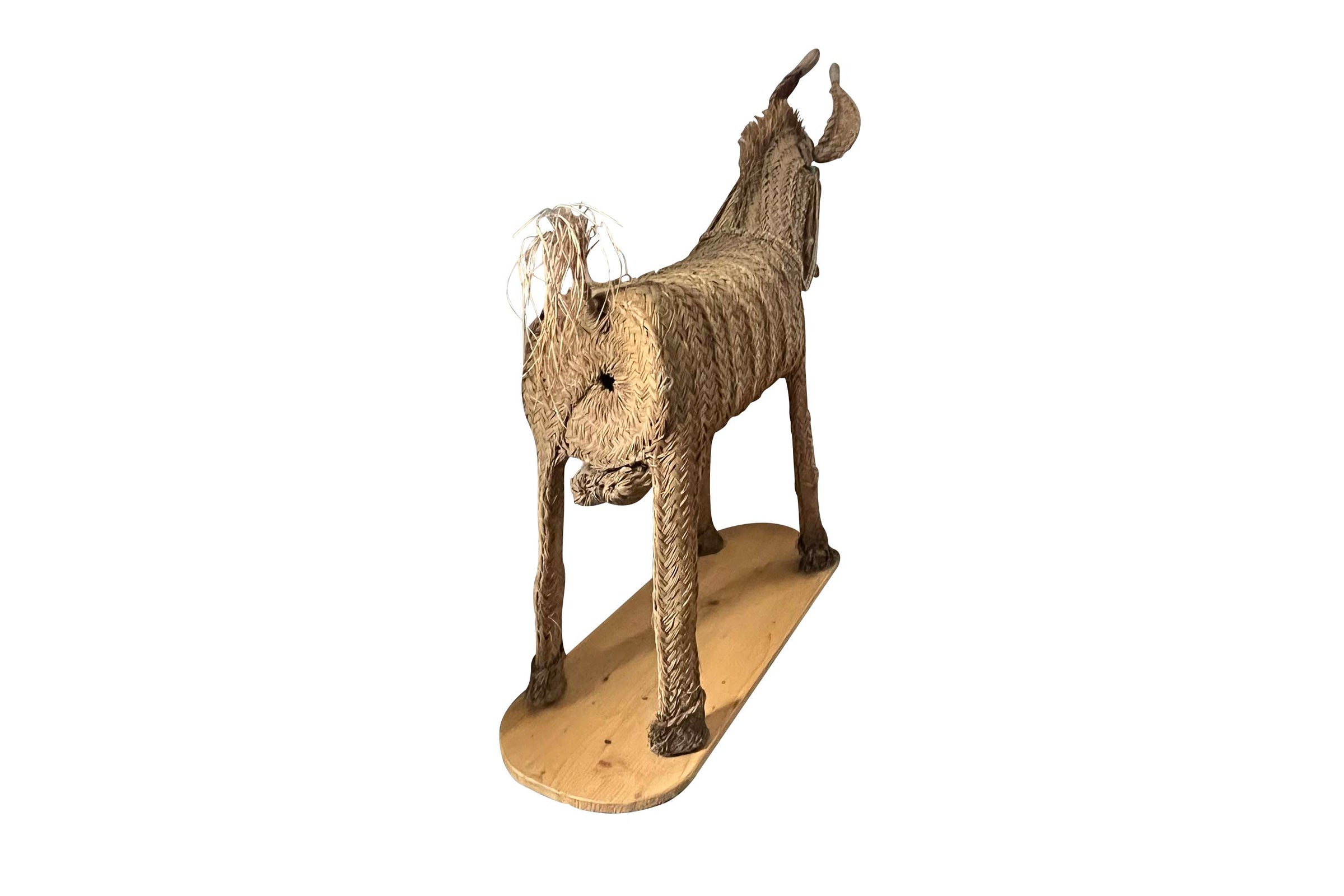 Large Mid-Century Spanish Woven Straw Donkey on Wooden Plinth