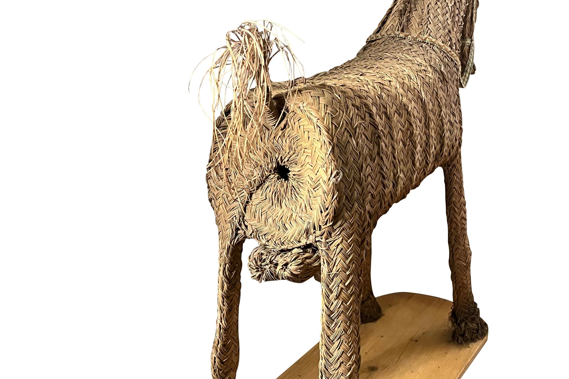 Large Mid-Century Spanish Woven Straw Donkey on Wooden Plinth