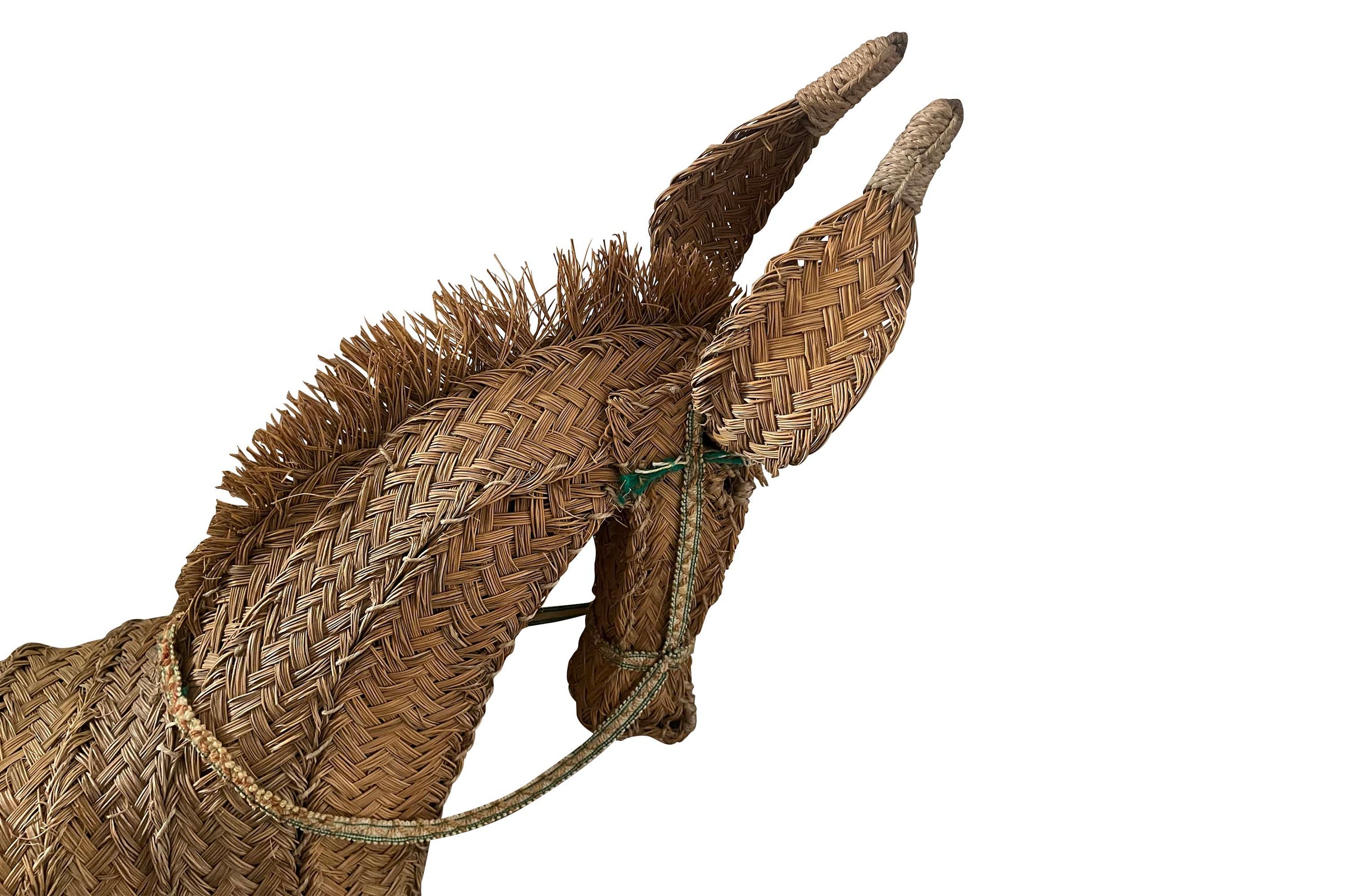Large Mid-Century Spanish Woven Straw Donkey on Wooden Plinth