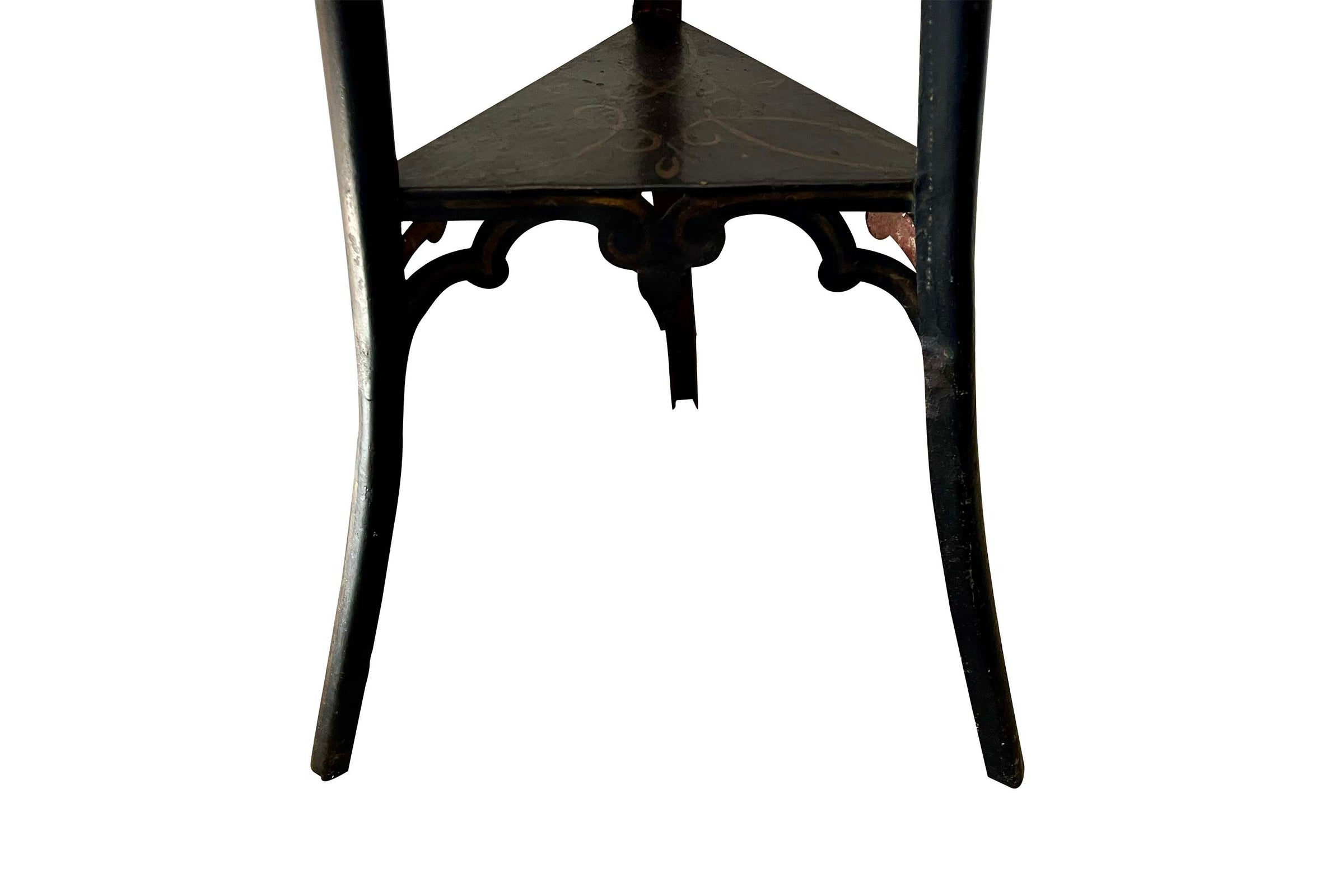 An unusual and highly decorative French Napoleon III pedestal stand in black lacquered tôle peinte, dating to the late 19th century.