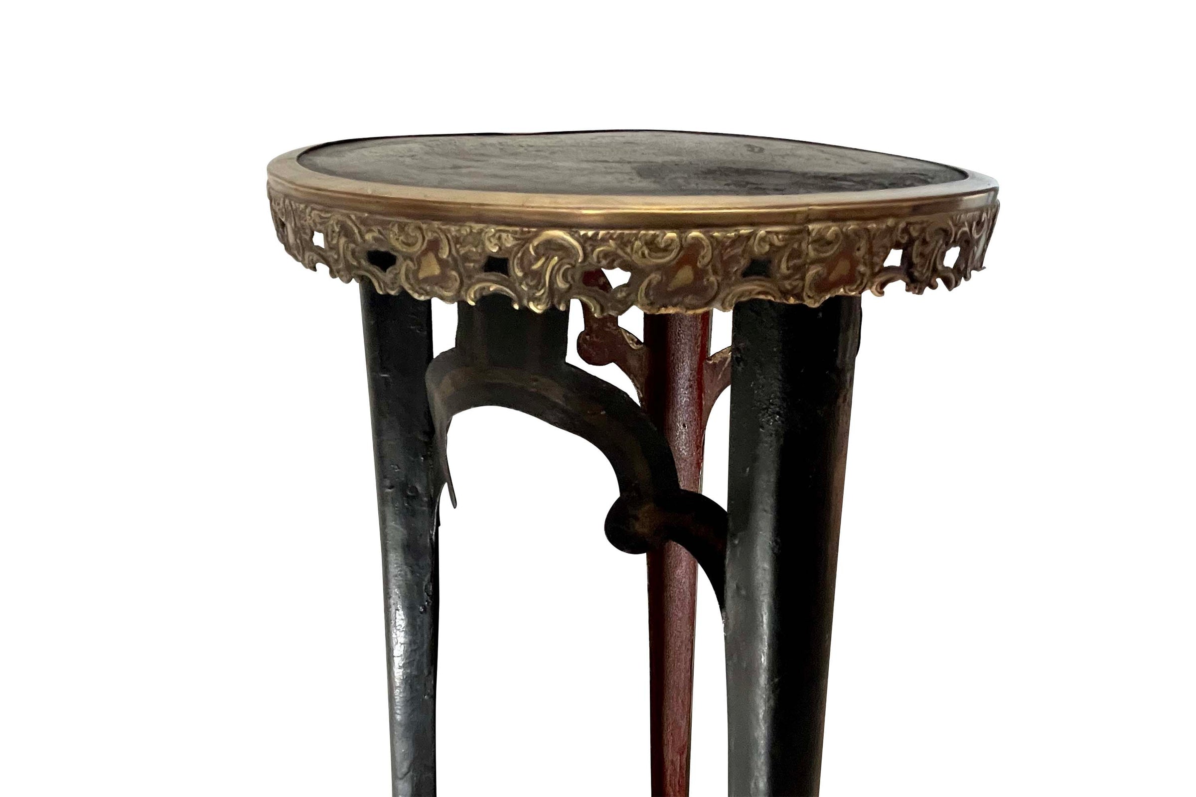 An unusual and highly decorative French Napoleon III pedestal stand in black lacquered tôle peinte, dating to the late 19th century.