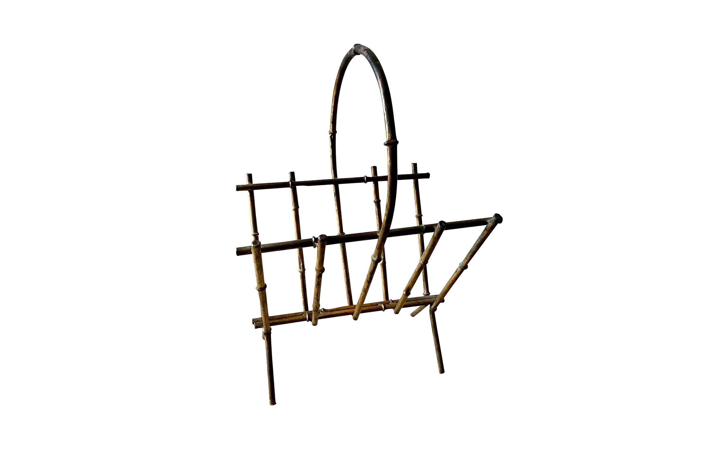 MID-CENTURY FRENCH FAUX BAMBOO GILT METAL MAGAZINE RACK