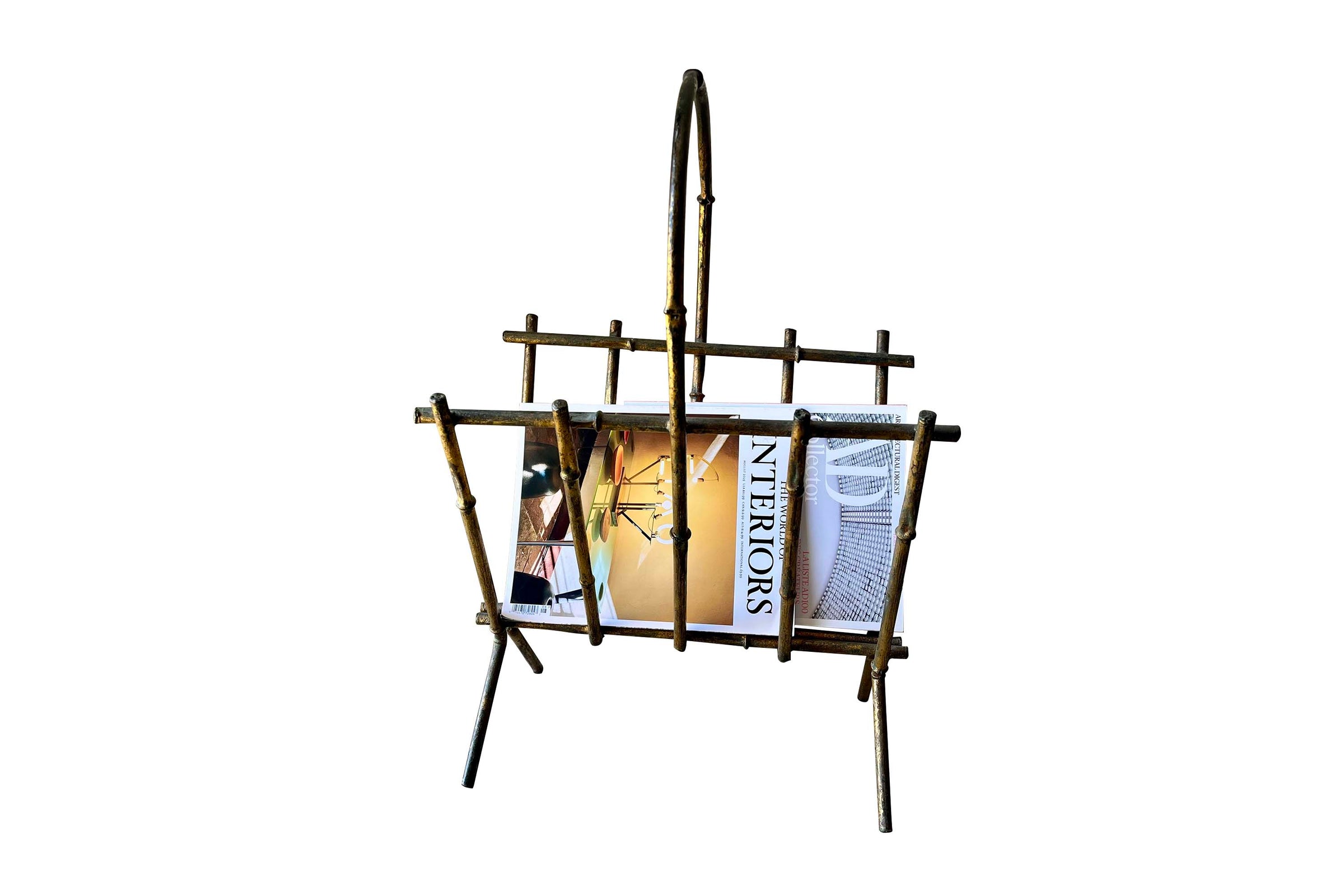 MID-CENTURY FRENCH FAUX BAMBOO GILT METAL MAGAZINE RACK