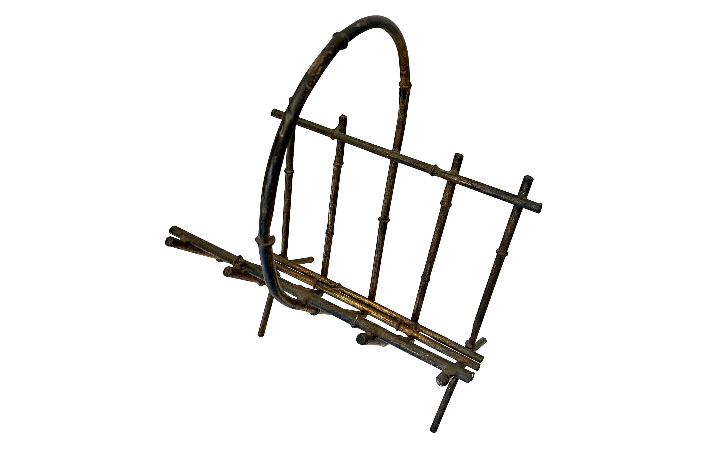 MID-CENTURY FRENCH FAUX BAMBOO GILT METAL MAGAZINE RACK