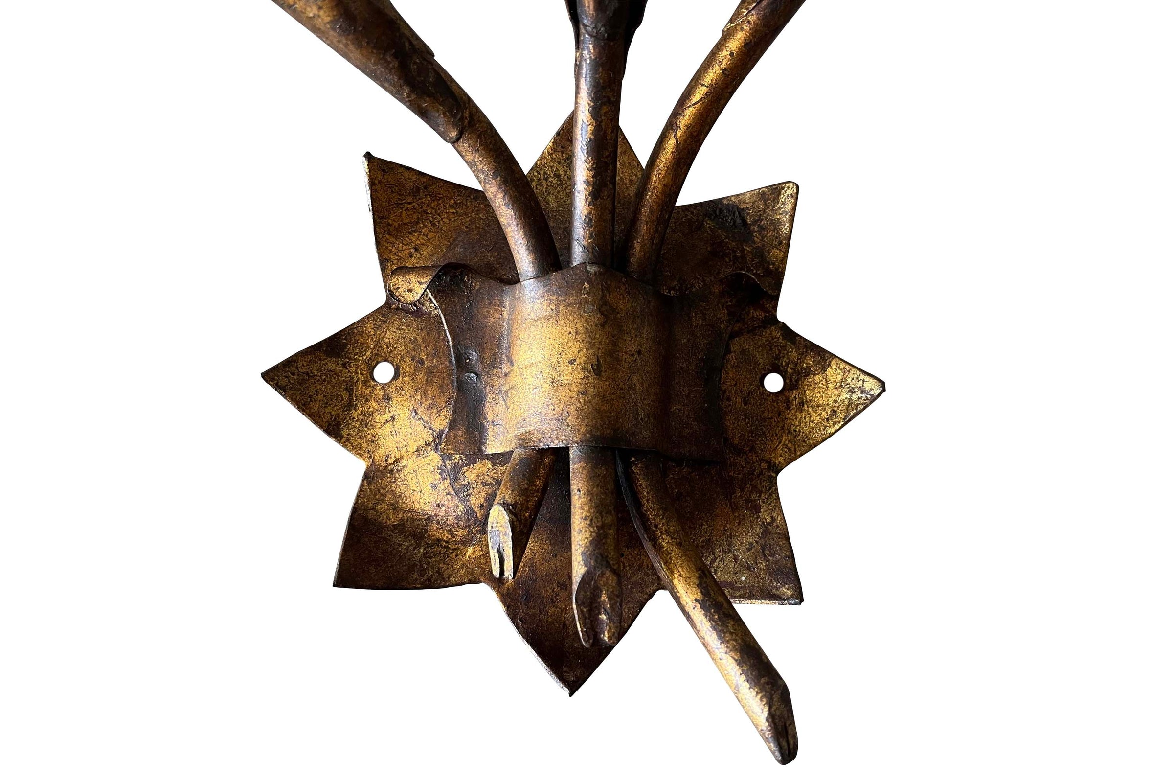 Pair of Mid-20th Century Spanish Gilt Iron Wall Lights by Ferrocolor