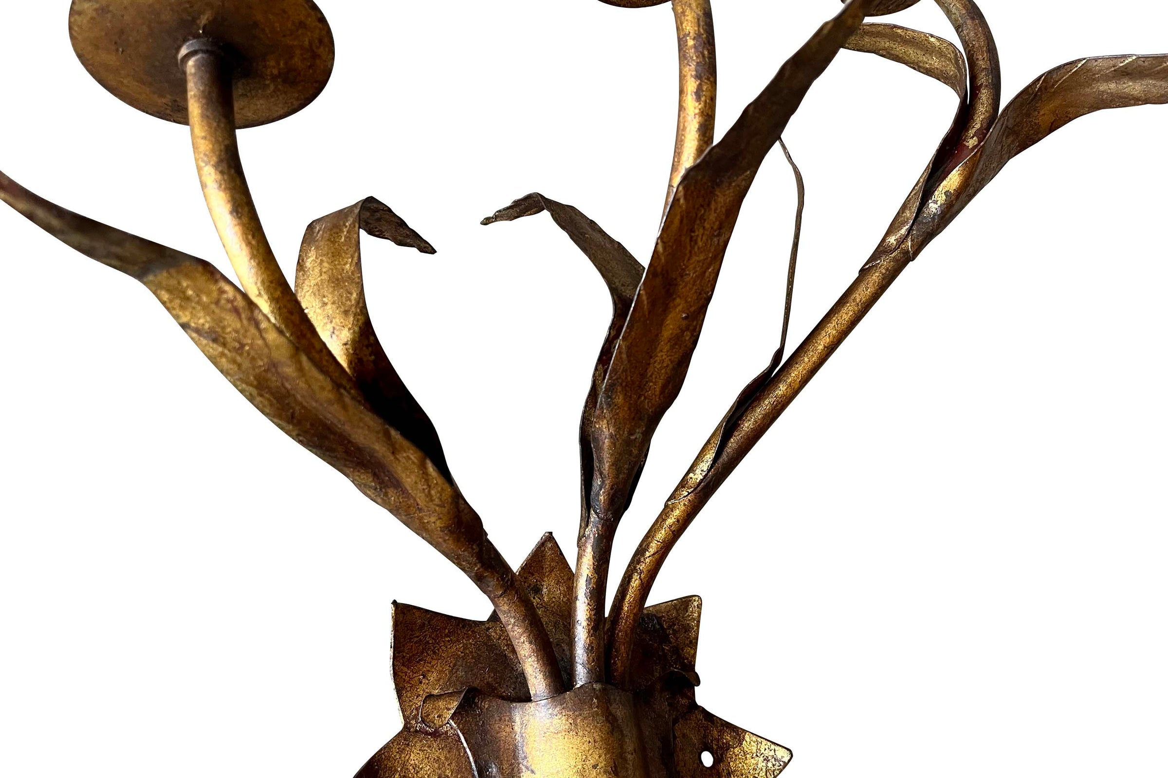 Pair of Mid-20th Century Spanish Gilt Iron Wall Lights by Ferrocolor