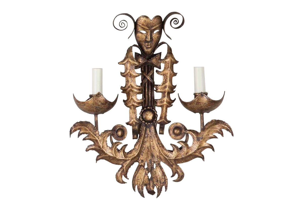 pair of Pair of Mid-Century Italian wrought iron wall lights in the Italian manner, inspired by Commedia dell’Arte.
