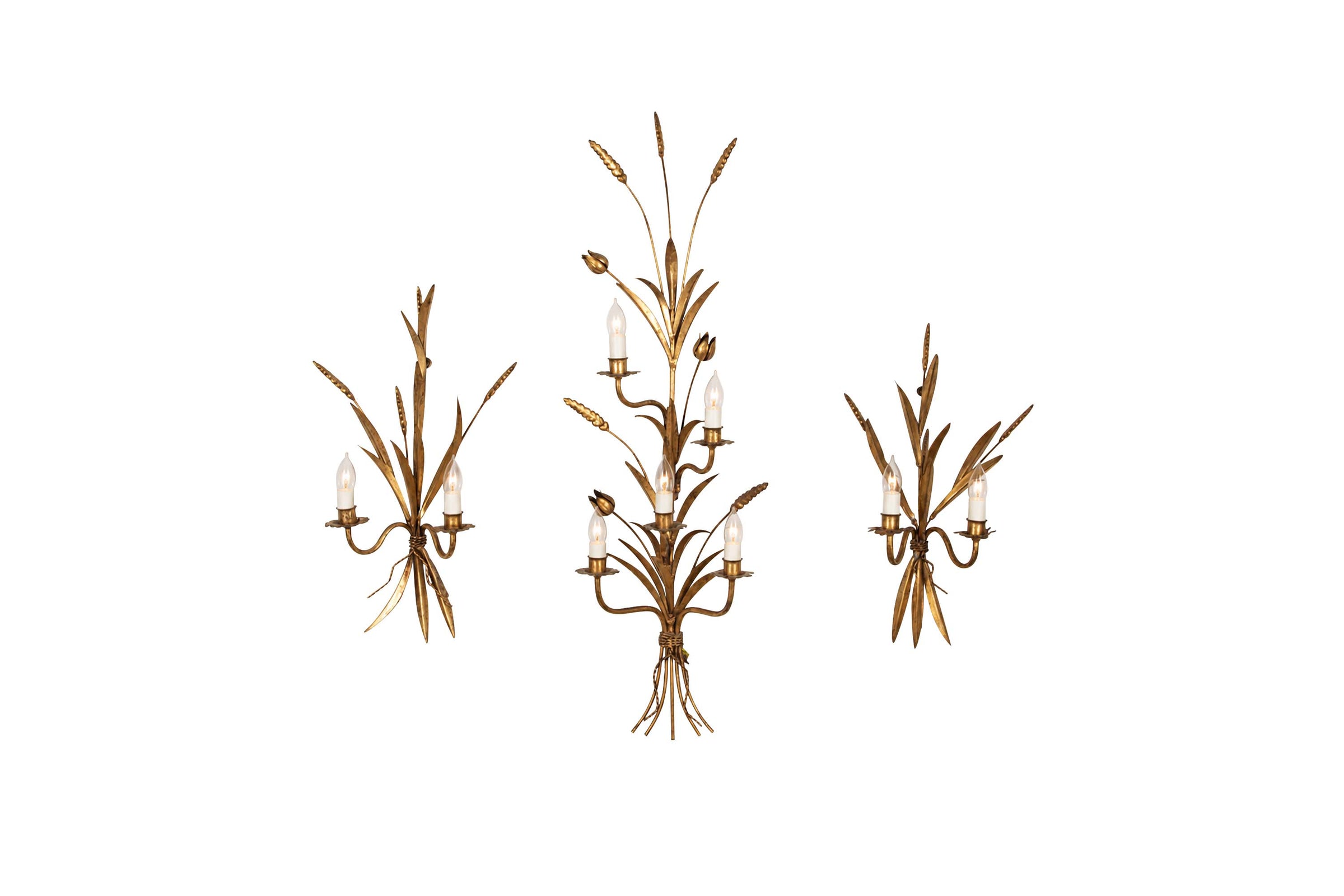 Monumental Set of Three 1970s Gilt Wheat Sheaf Wall Sconces in the Manner of Hans Kögl