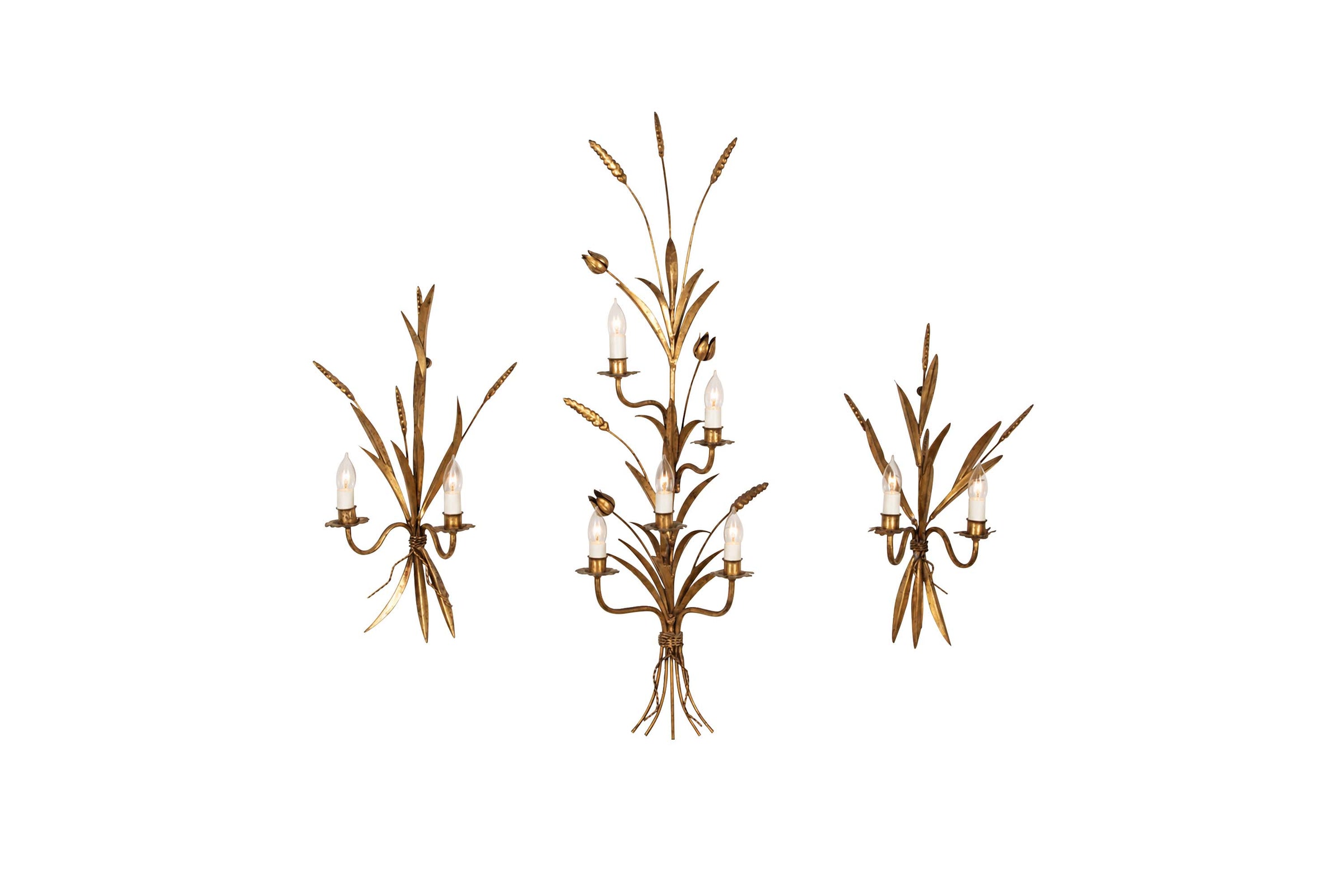 Monumental Set of Three 1970s Gilt Wheat Sheaf Wall Sconces in the Manner of Hans Kögl