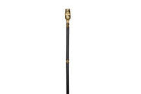 Mid-Century French black metal and brass floor lamp with elegant tripod base and restrained neoclassical styling.