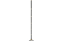 Mid-Century French black metal and brass floor lamp with elegant tripod base and restrained neoclassical styling.