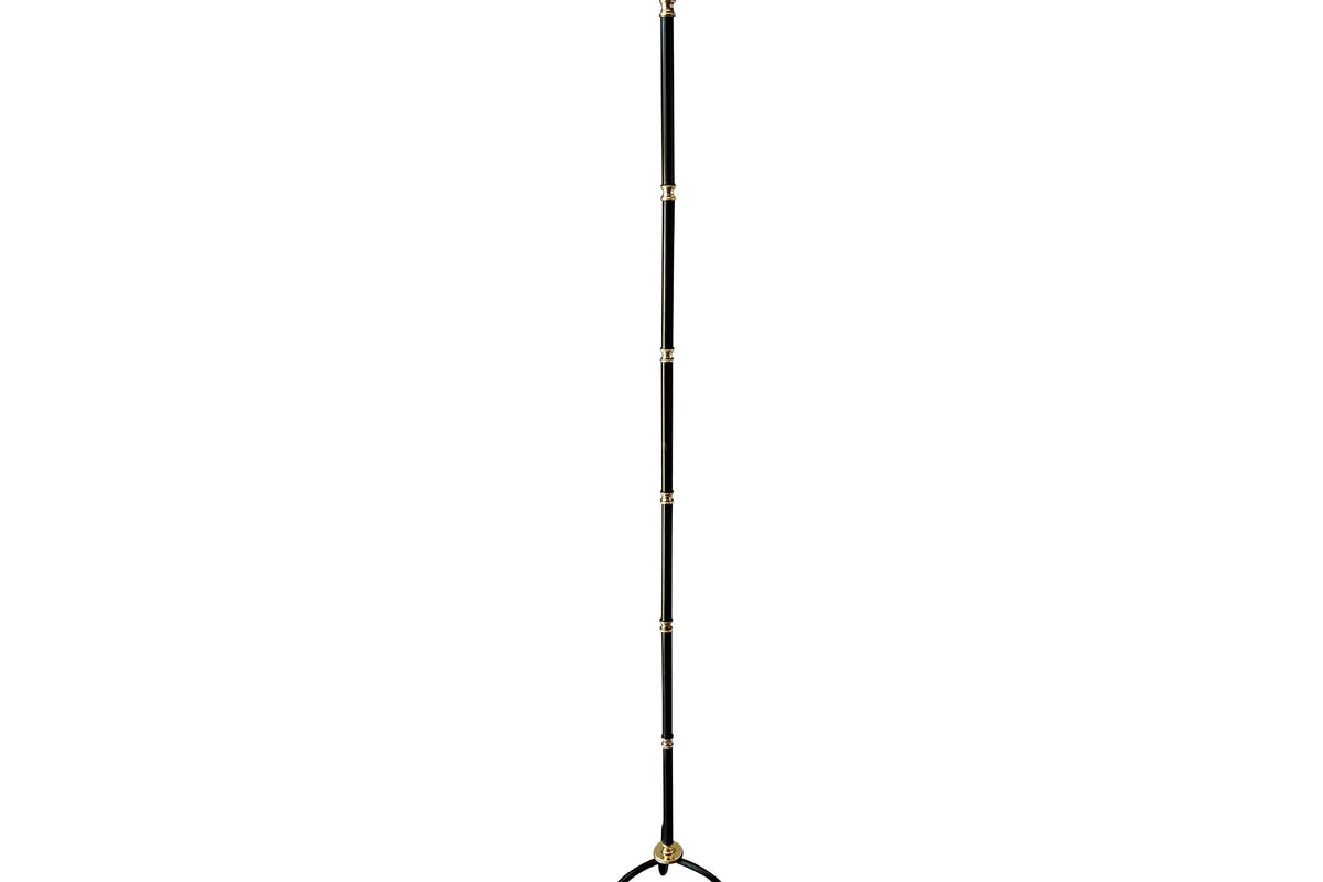 Mid-Century French black metal and brass floor lamp with elegant tripod base and restrained neoclassical styling.