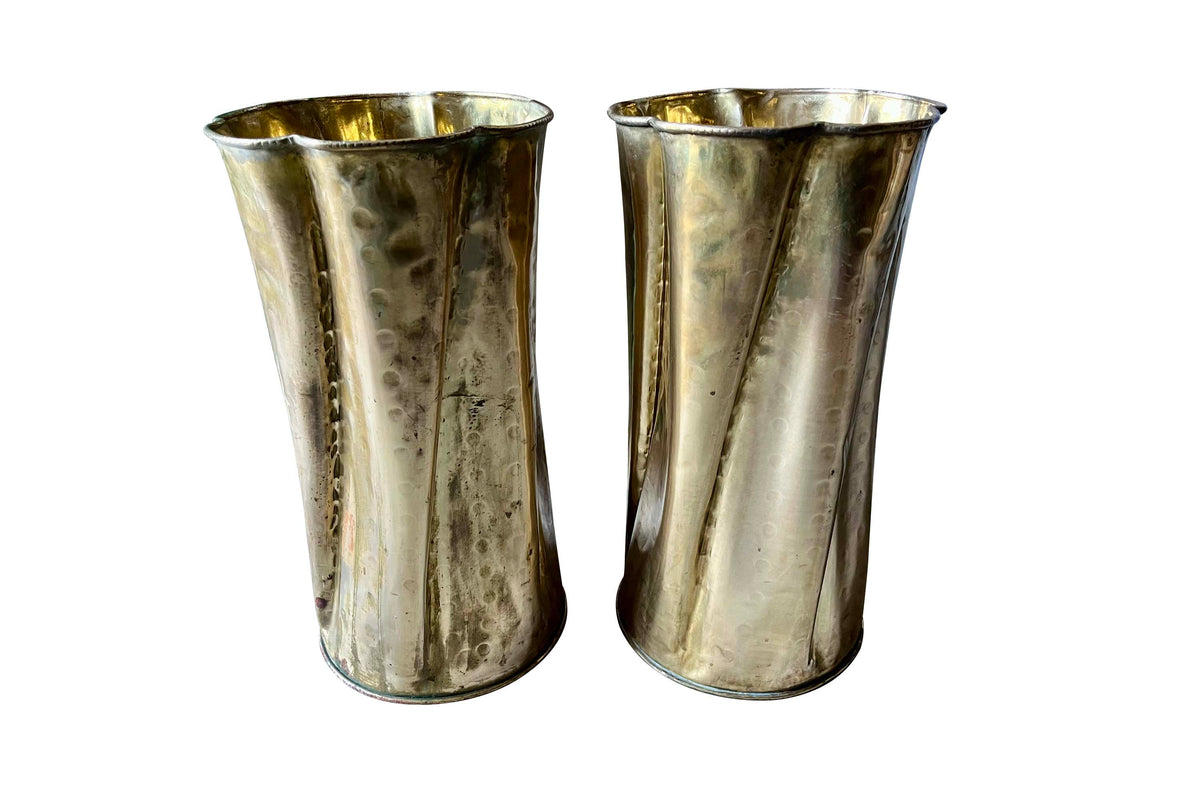 Pair of 1970s Italian Hand-Beaten Brass Umbrella Stands