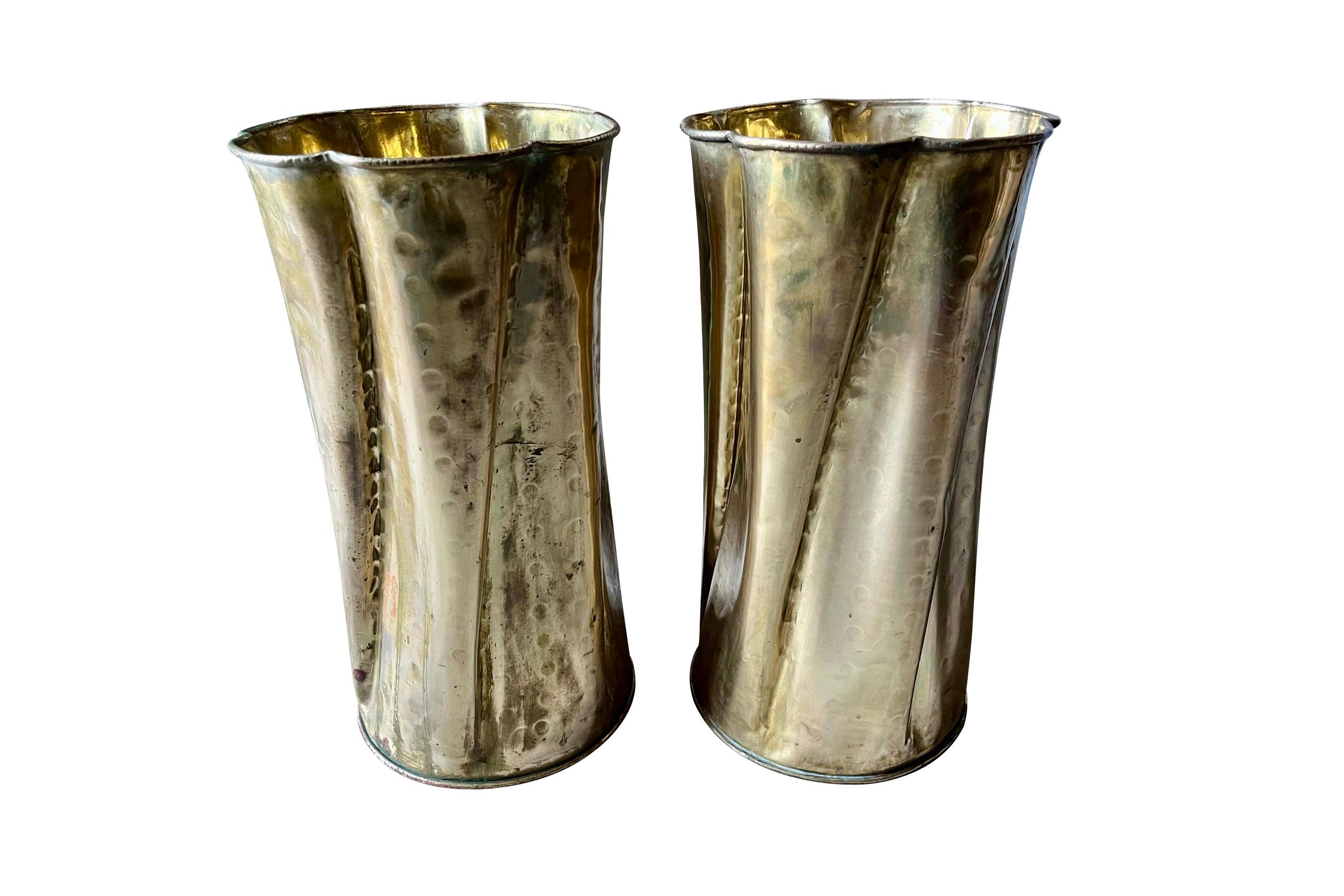 Pair of 1970s Italian Hand-Beaten Brass Umbrella Stands