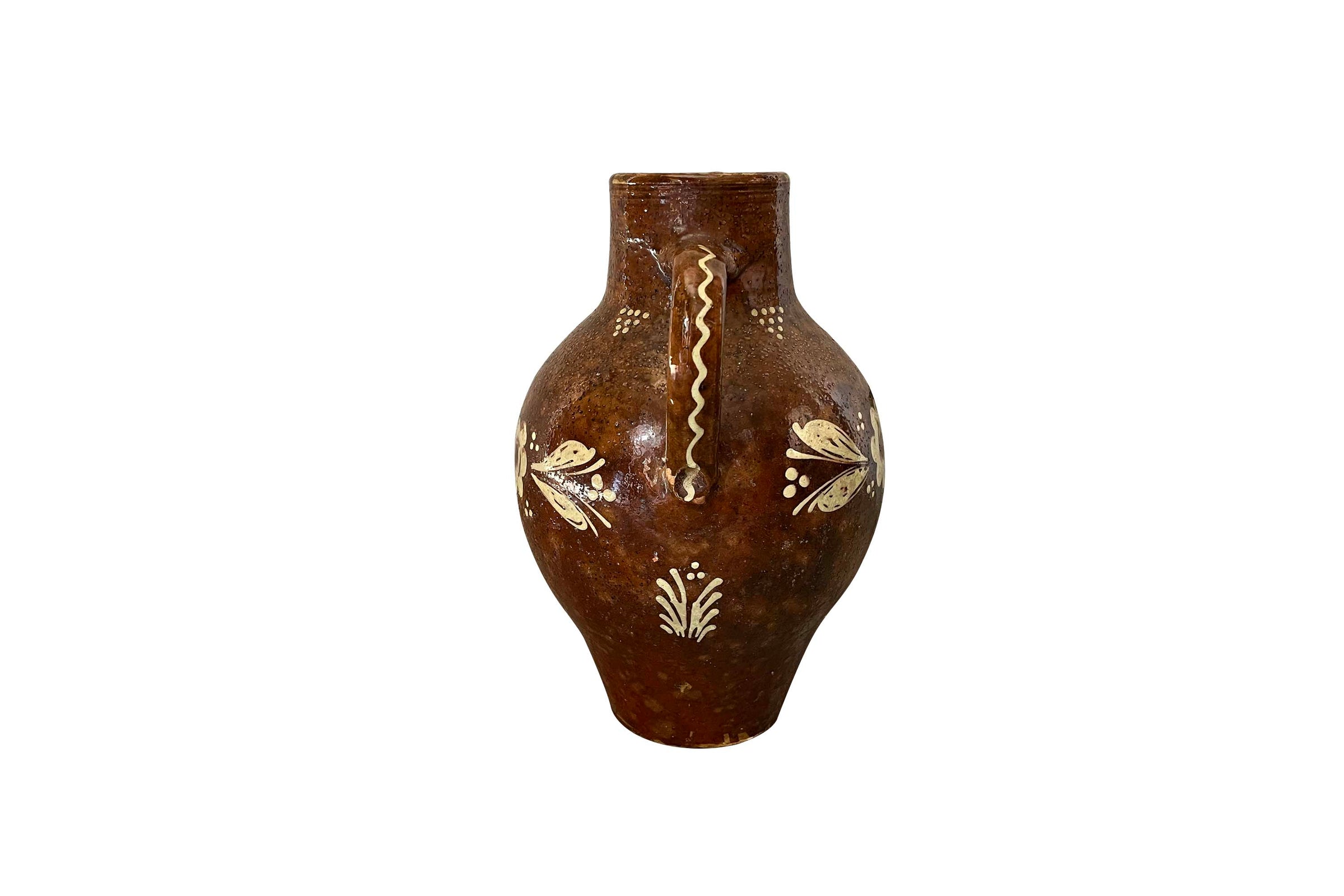 LARGE 19TH CENTURY FRENCH FOLK POTTERY JUG WITH ROOSTER DECORATION -RECENTLY RESERVED-