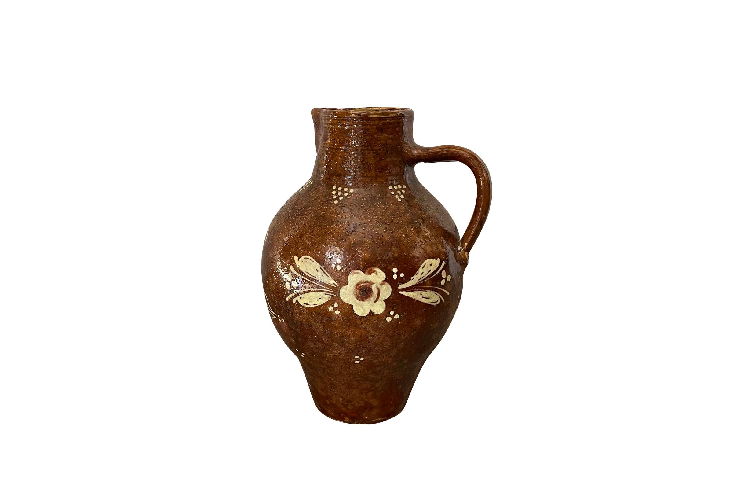 LARGE 19TH CENTURY FRENCH FOLK POTTERY JUG WITH ROOSTER DECORATION -RECENTLY RESERVED-
