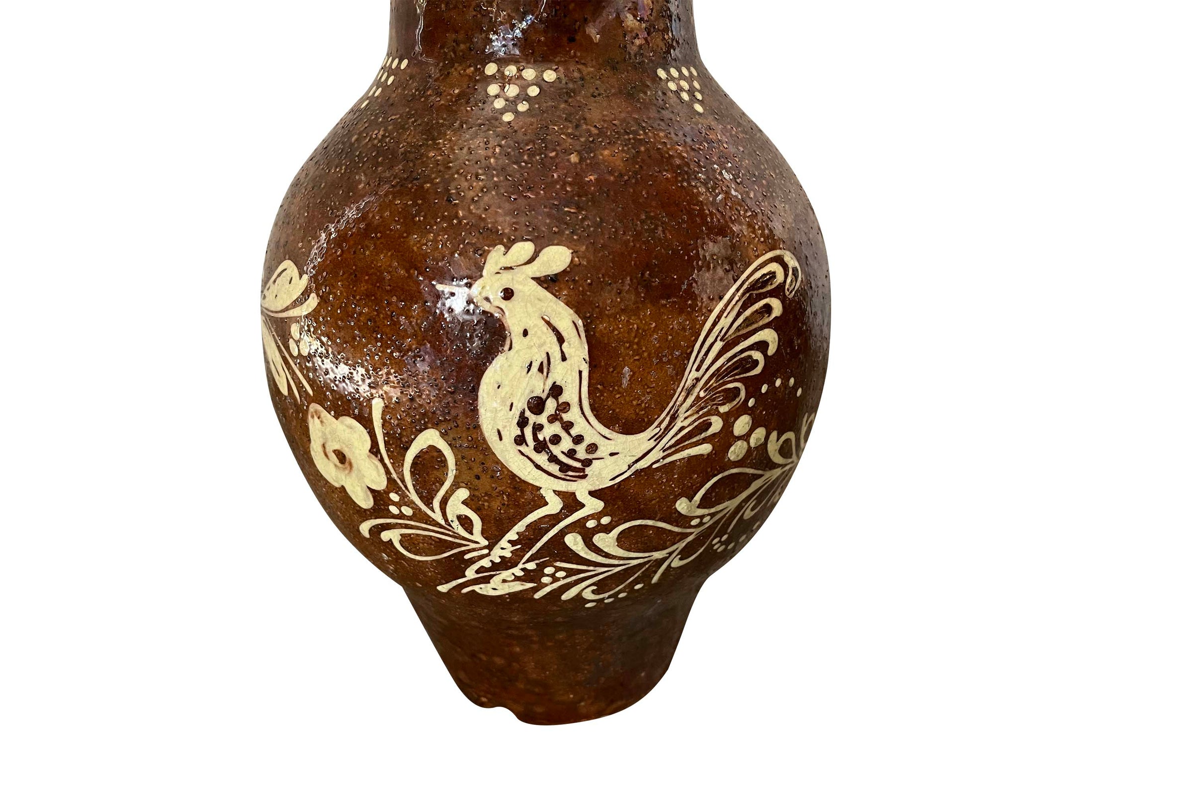 LARGE 19TH CENTURY FRENCH FOLK POTTERY JUG WITH ROOSTER DECORATION -RECENTLY RESERVED-