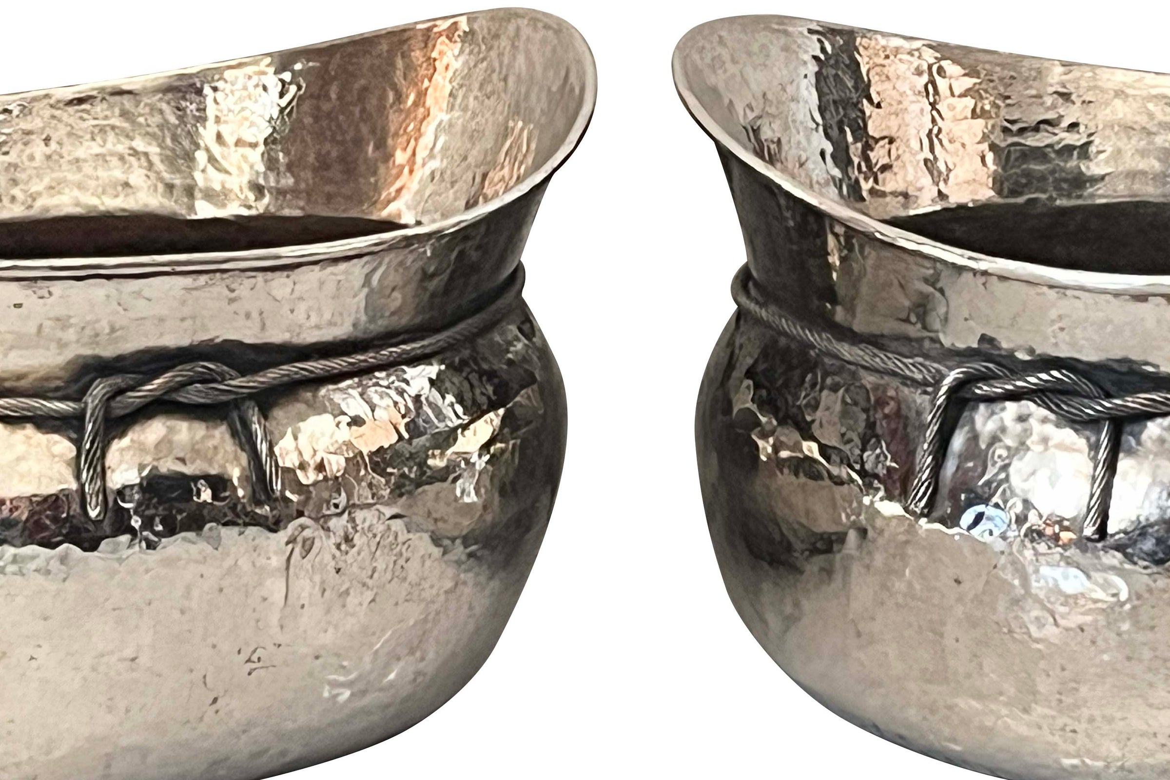 PAIR OF LARGE 1970'S  ITALIAN HAMMERED SILVERPLATE OVAL VASQUES