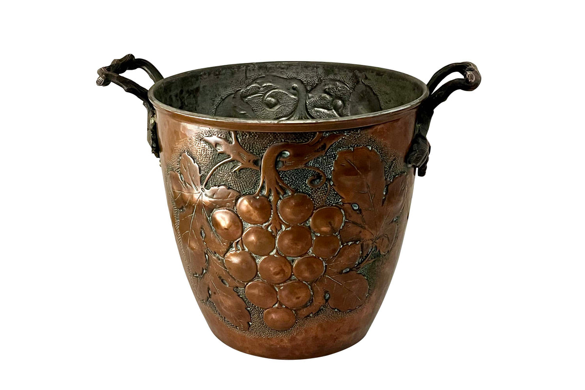 Early 20th Century French Embossed Copper Champagne Bucket with Grapevine Handles 