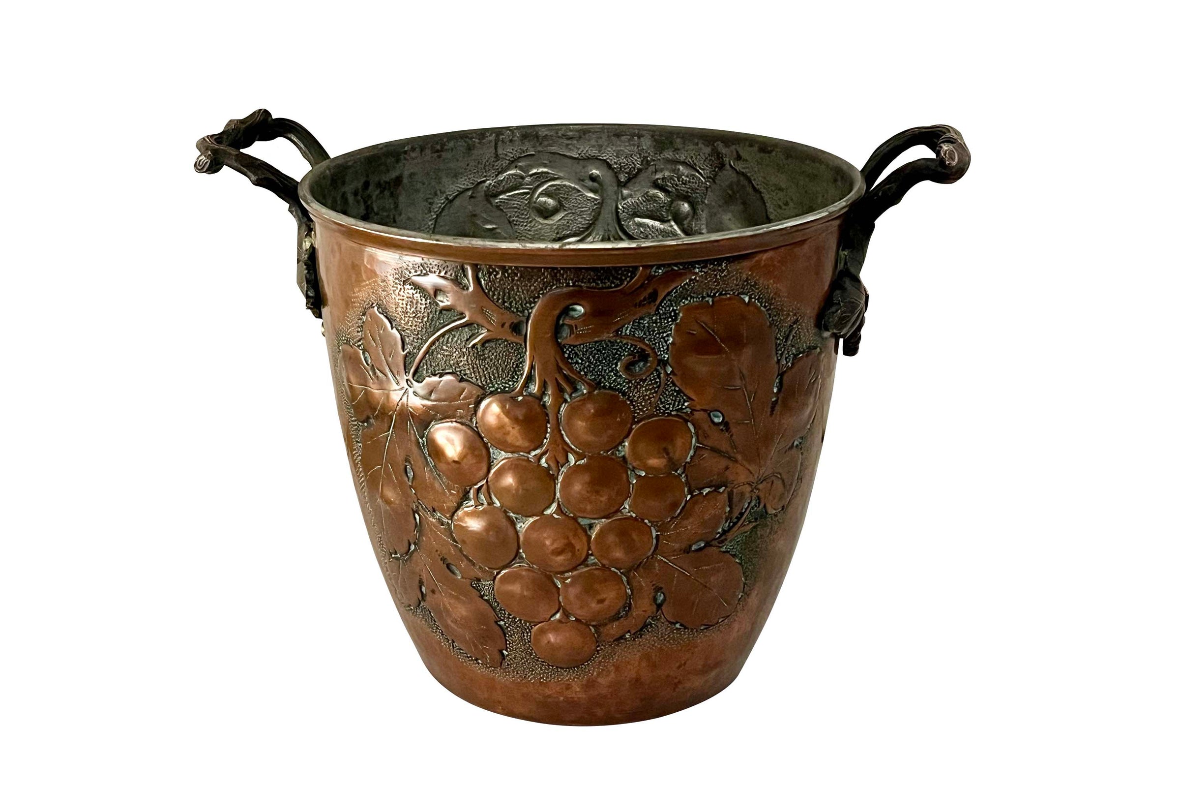 Early 20th Century French Embossed Copper Champagne Bucket with Grapevine Handles 