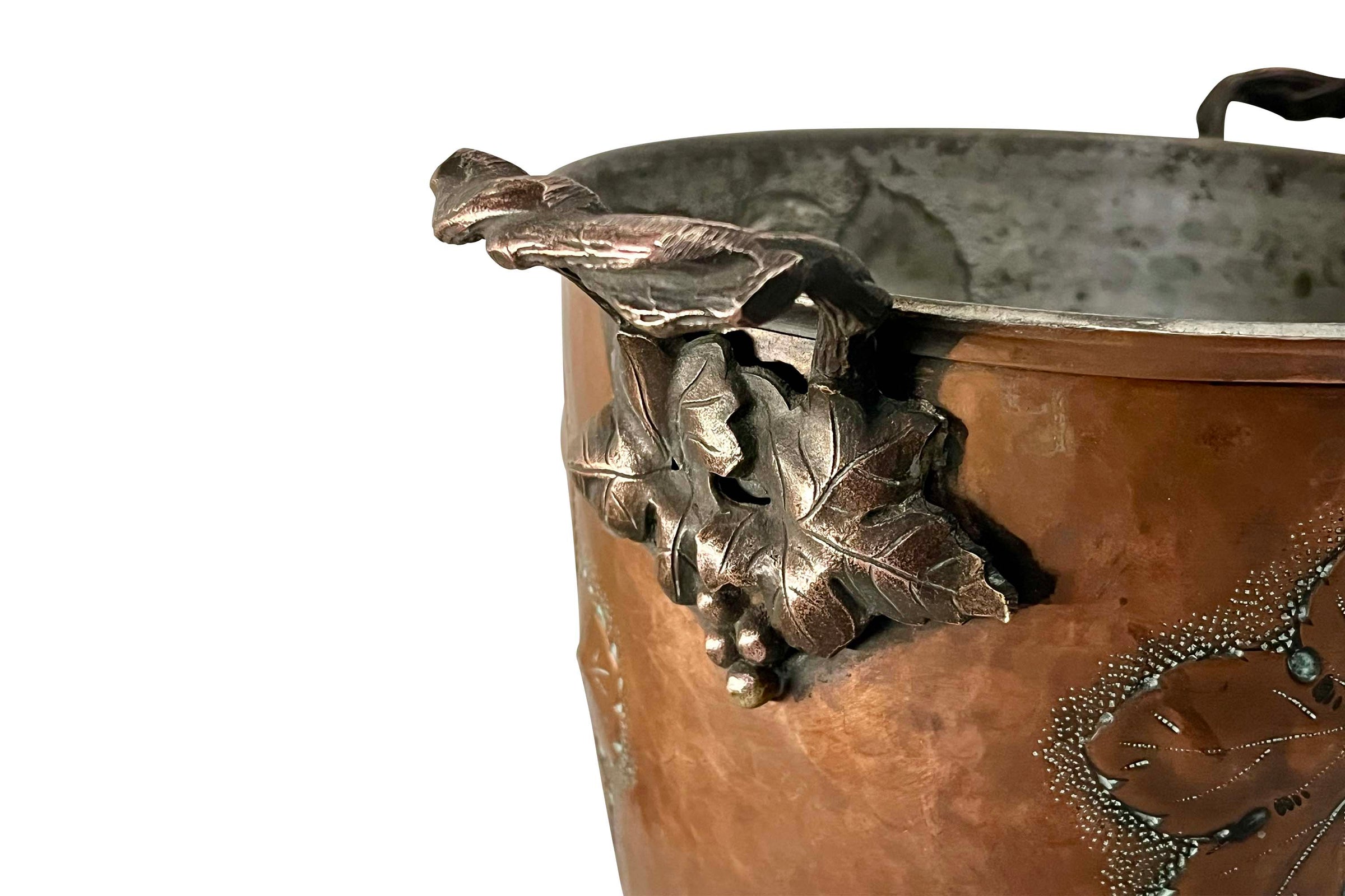Early 20th Century French Embossed Copper Champagne Bucket with Grapevine Handles 