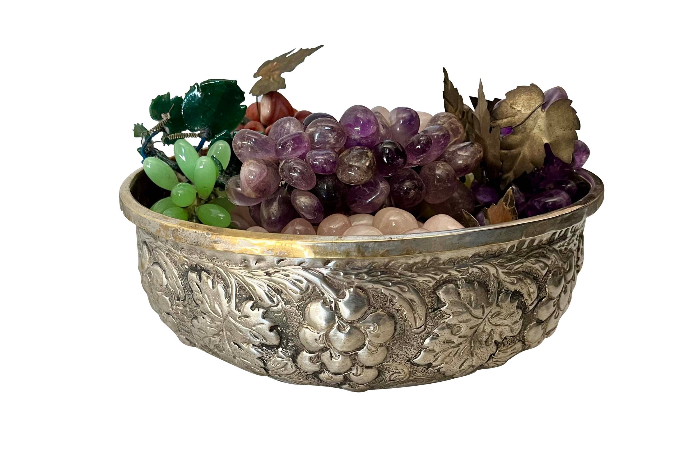 Mid-Century Italian Silver Plate Bowl with Stone Grapes