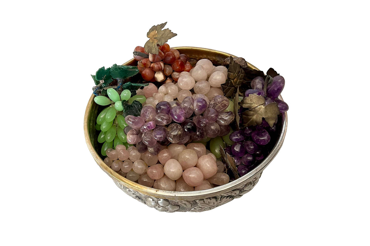 Mid-Century Italian Silver Plate Bowl with Stone Grapes