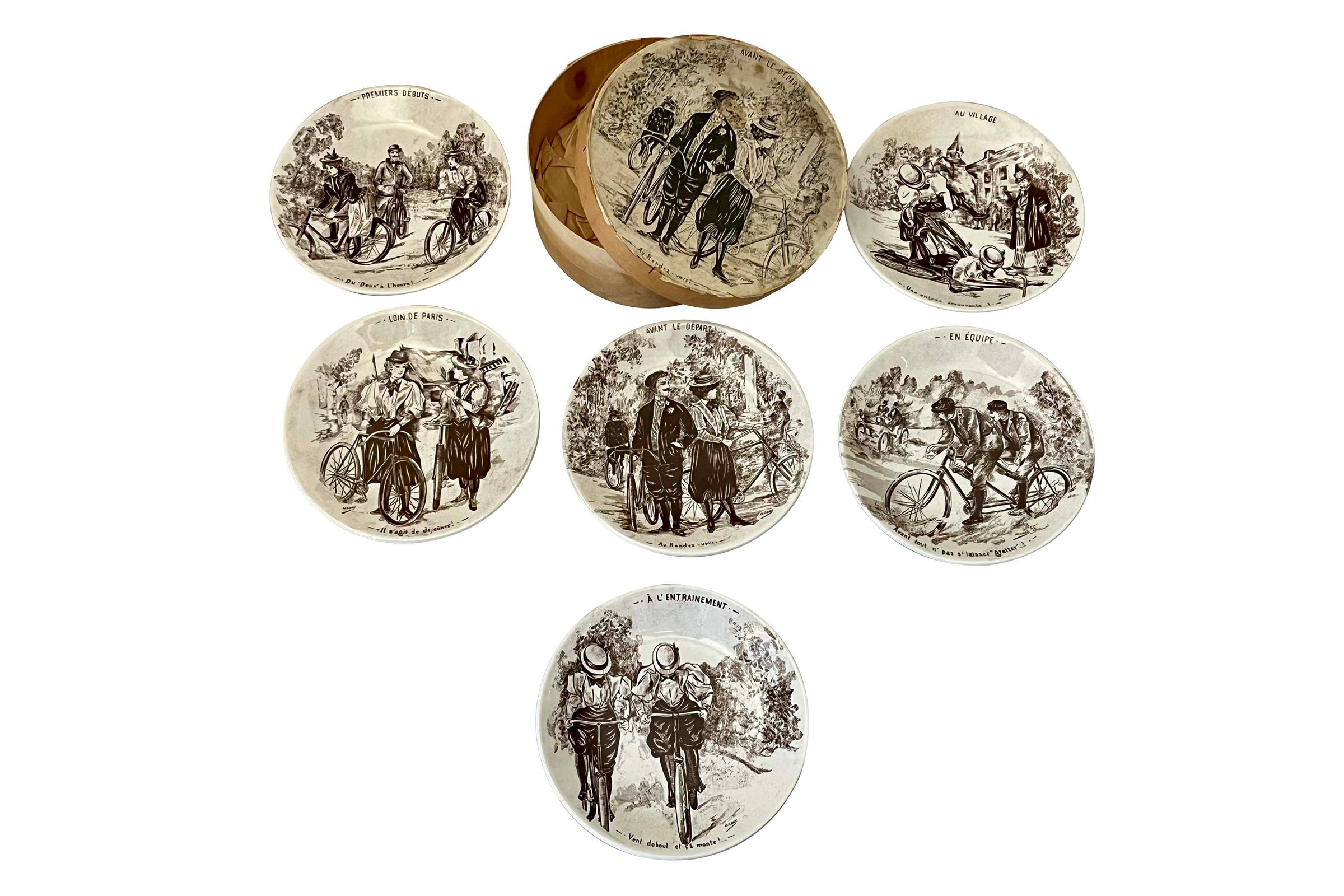 Boxed Set of Six 20th Century French Cycling Faience Plates by Sarreguemines
