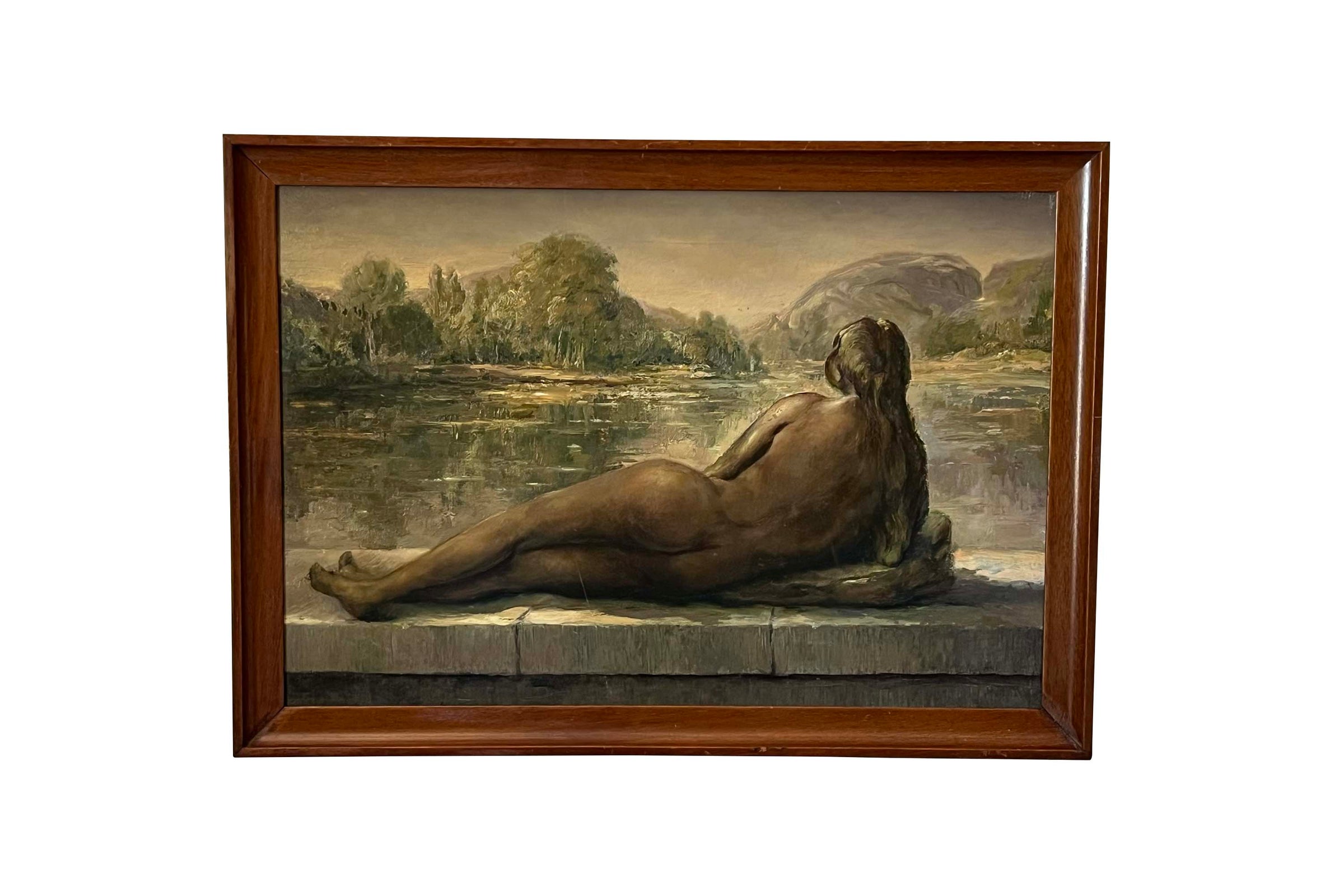 20th Century French Oil on Board Painting 'Reclining Nude by a Lake'