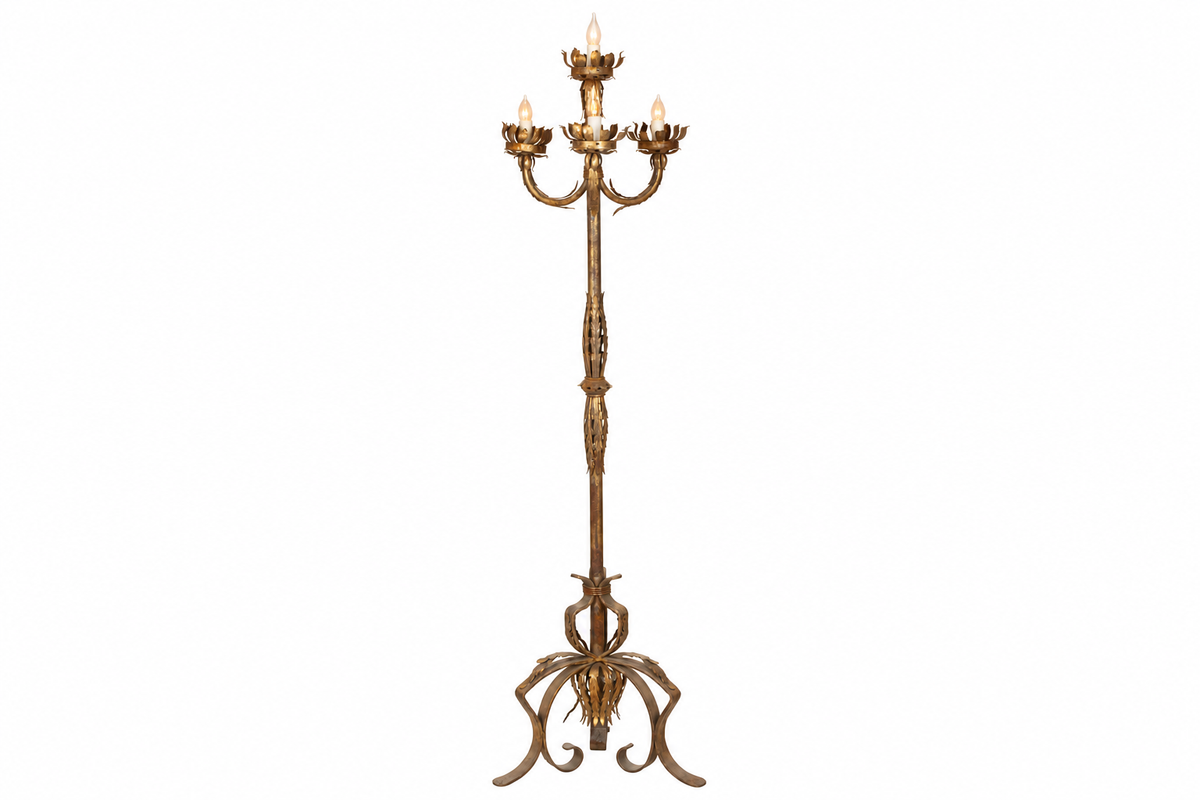 MID-CENTURY SPANISH GILT IRON FOUR-LIGHT FLOOR LAMP