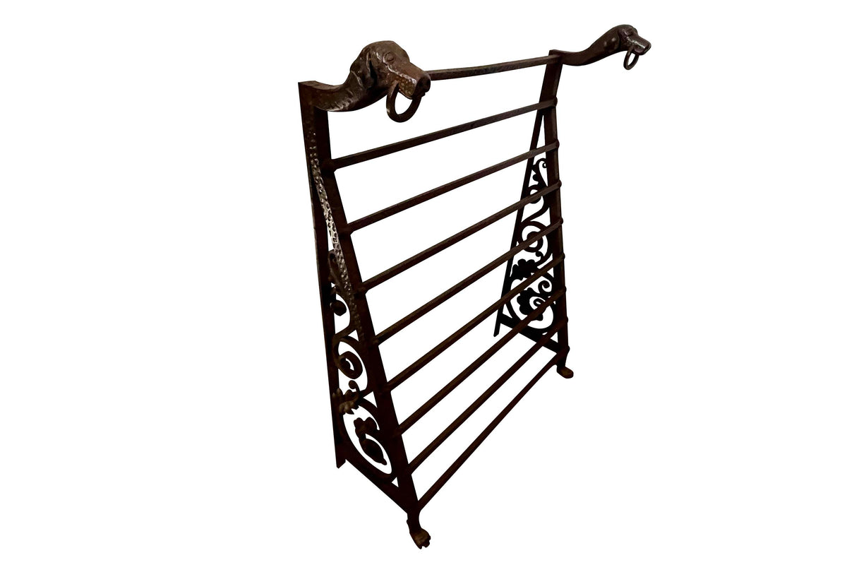 Late 19th Century French wrought iron fire front hearth boot and shoe drying rack with dog motifs