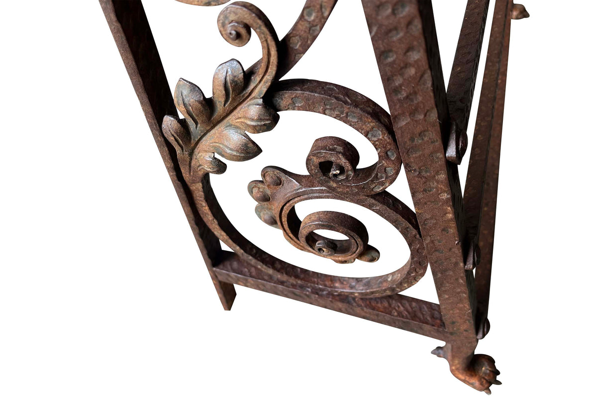 Late 19th Century French wrought iron fire front hearth boot and shoe drying rack with dog motifs