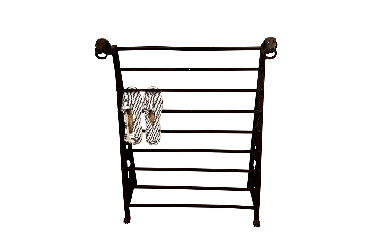 Late 19th Century French wrought iron fire front hearth boot and shoe drying rack with dog motifs