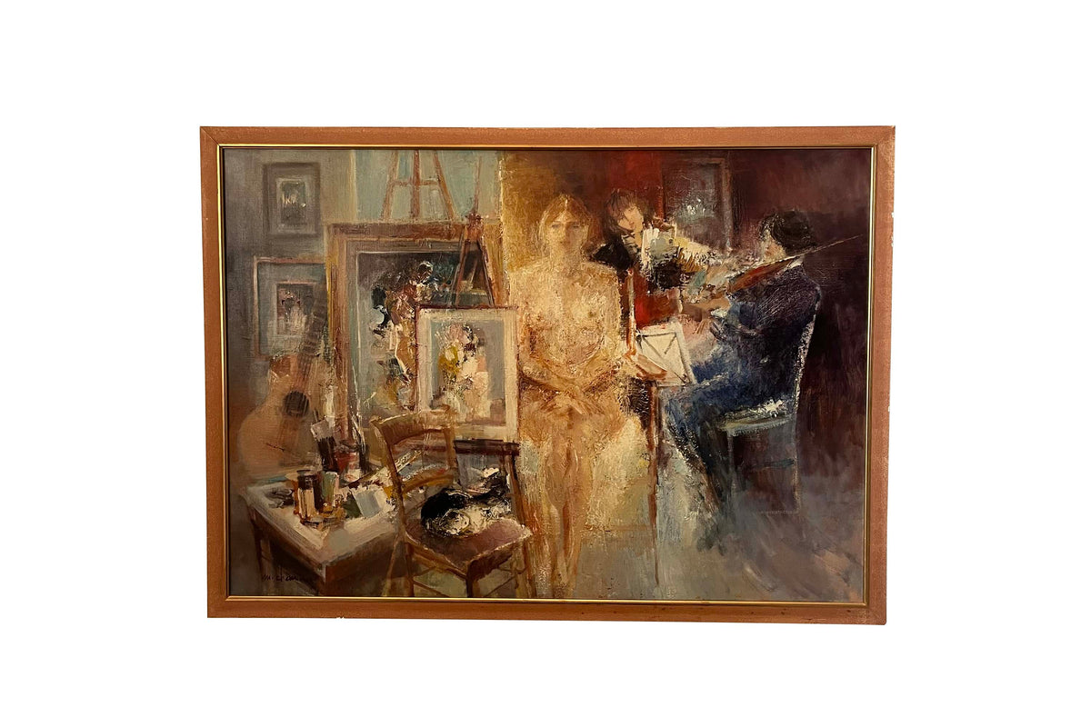 20th Century Oil on Canvas Painting 'Nude With Music' by M. Chemin