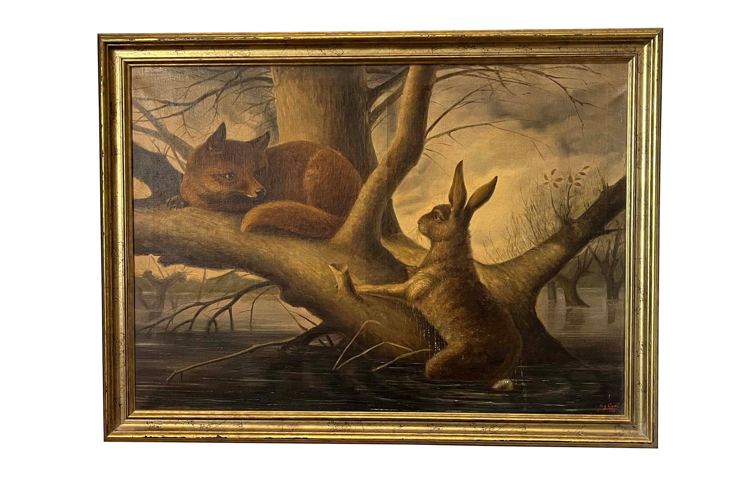 Late 19th Century Continental Oil on Canvas of a Fox & Hare, after Ludwig Beckmann