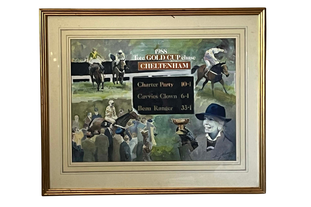 Watercolour of the 1988 Cheltenham Tote Gold Cup Chase by Harry Matthew