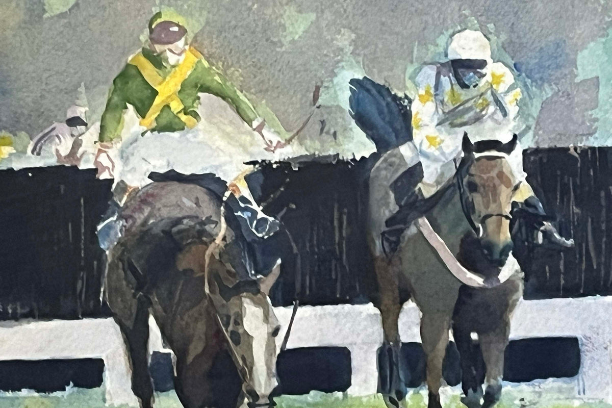 Watercolour of the 1988 Cheltenham Tote Gold Cup Chase by Harry Matthew