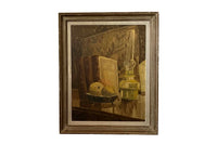 Mid-Century French Still Life Painting with Books and Oil Lamp