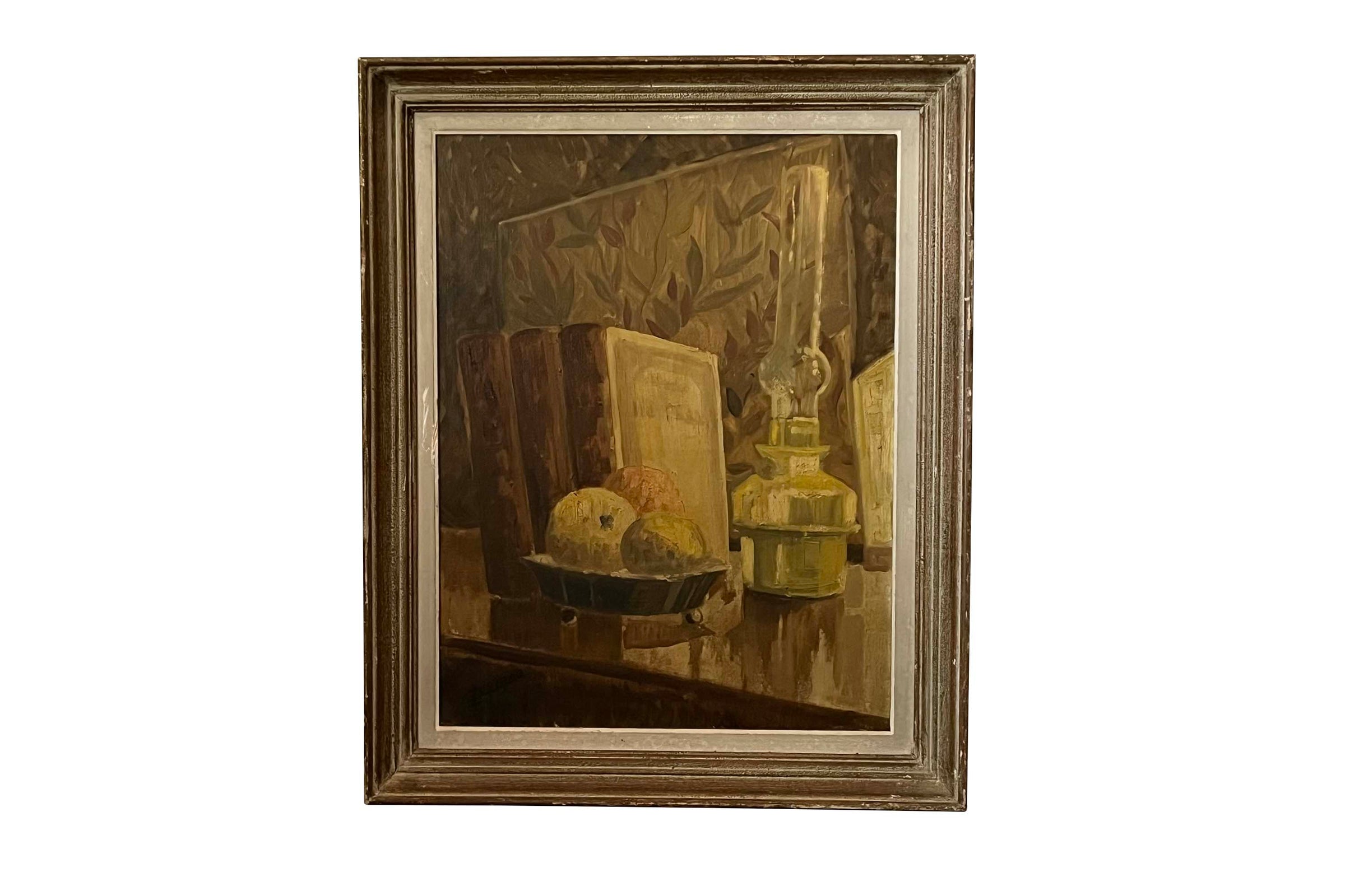 Mid-Century French Still Life Painting with Books and Oil Lamp