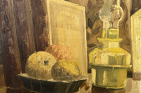Mid-Century French Still Life Painting with Books and Oil Lamp