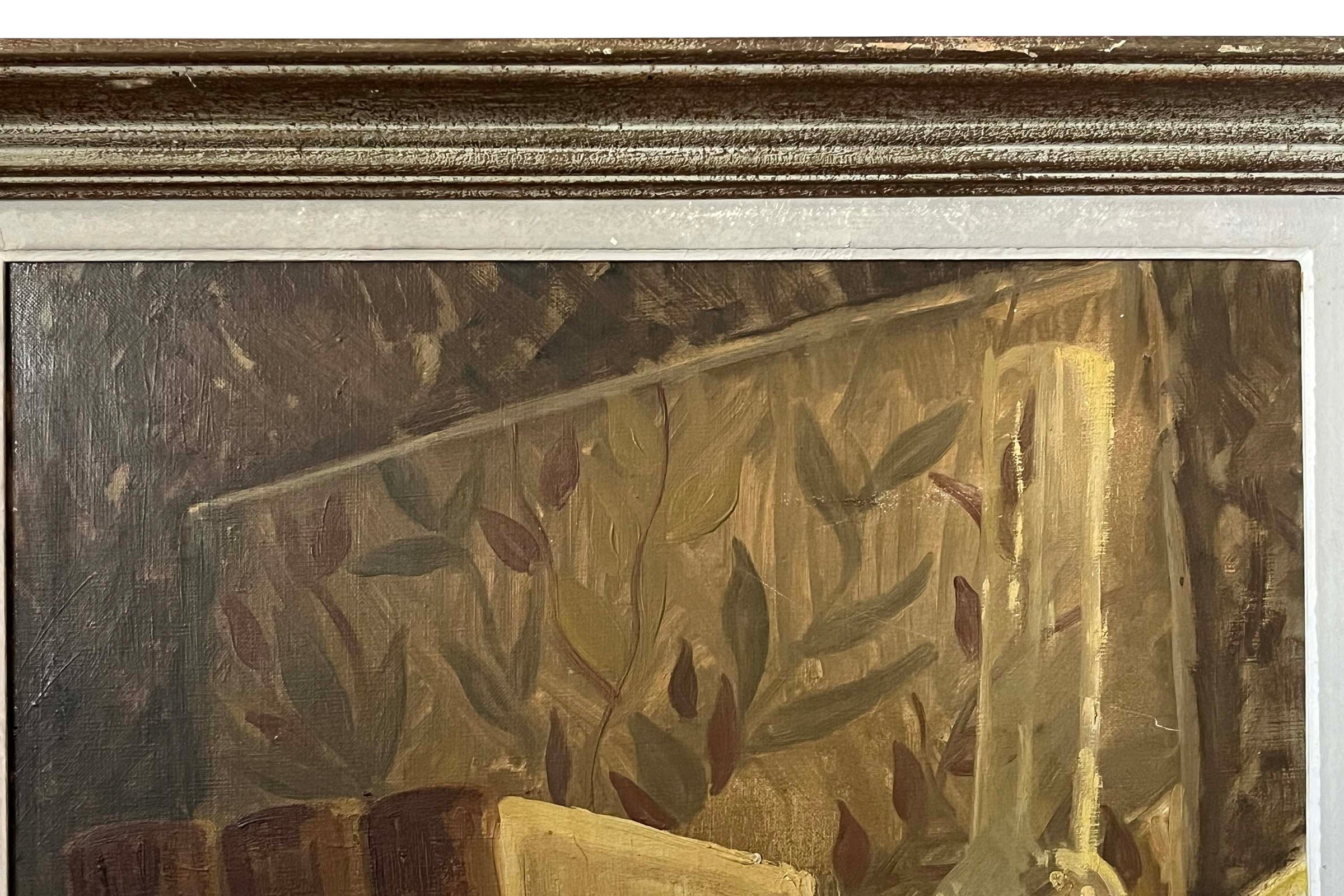Mid-Century French Still Life Painting with Books and Oil Lamp