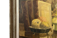 Mid-Century French Still Life Painting with Books and Oil Lamp