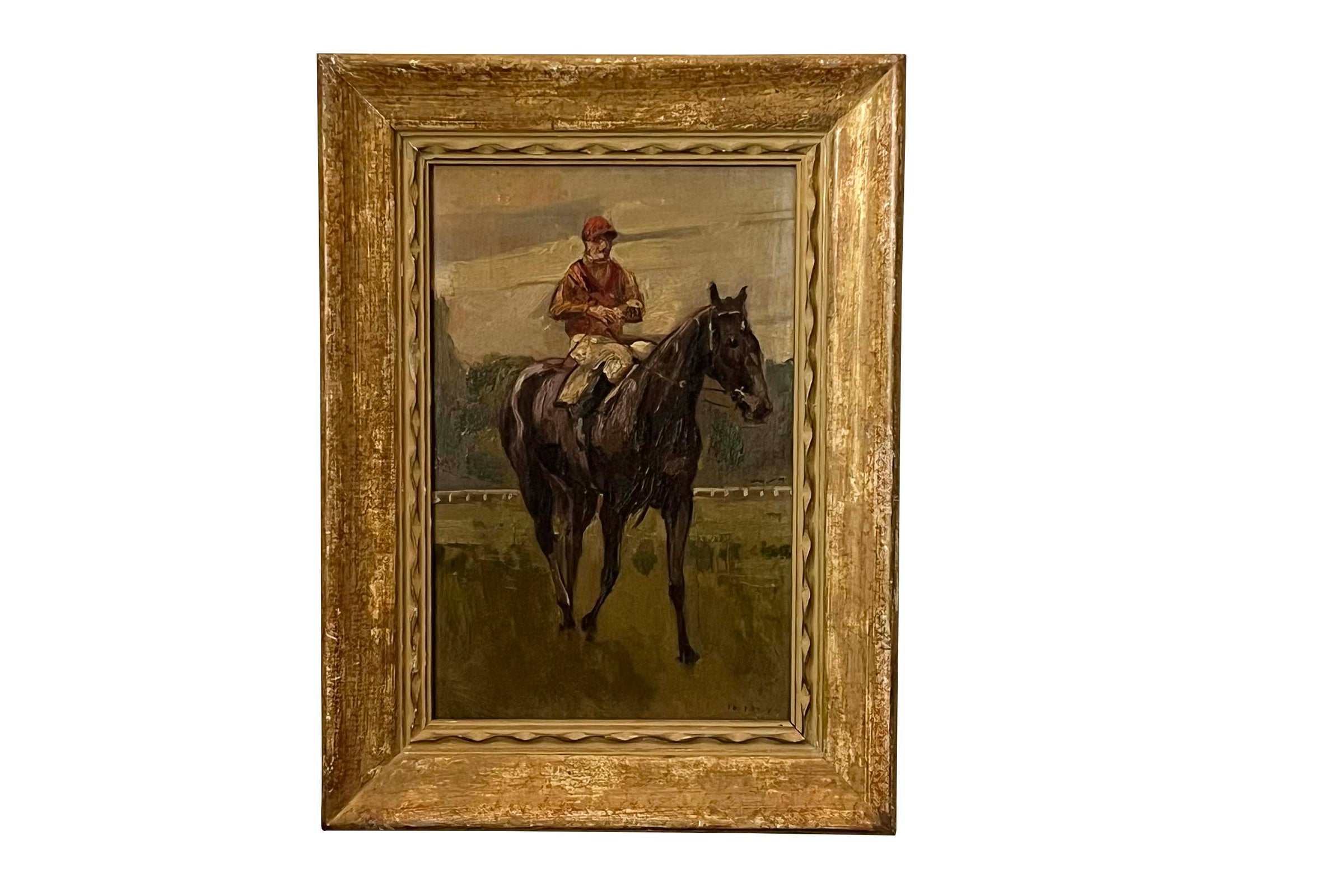 Early 20th Century French School Oil on Panel Painting of a Jockey on Horseback