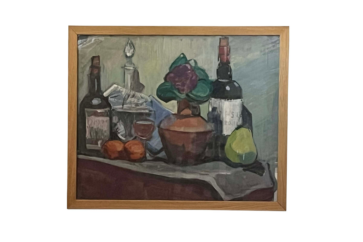 Mid-Century French Still Life Painting with Wine Bottles and Pear by Jean Perret (1910–2003)