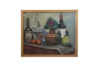 Mid-Century French Still Life Painting with Wine Bottles and Pear by Jean Perret (1910–2003)