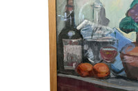 Mid-Century French Still Life Painting with Wine Bottles and Pear by Jean Perret (1910–2003)